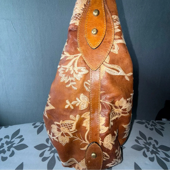 Donald J. Pliner Leather Embroidered Floral Patterned Hobo Bag in Brown Orange - Picture 10 of 16